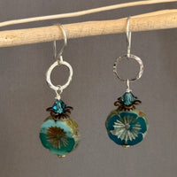 Light Teal Puffy Czech Glass Hibiscus Flower Drop Earrings in Sterling Silver