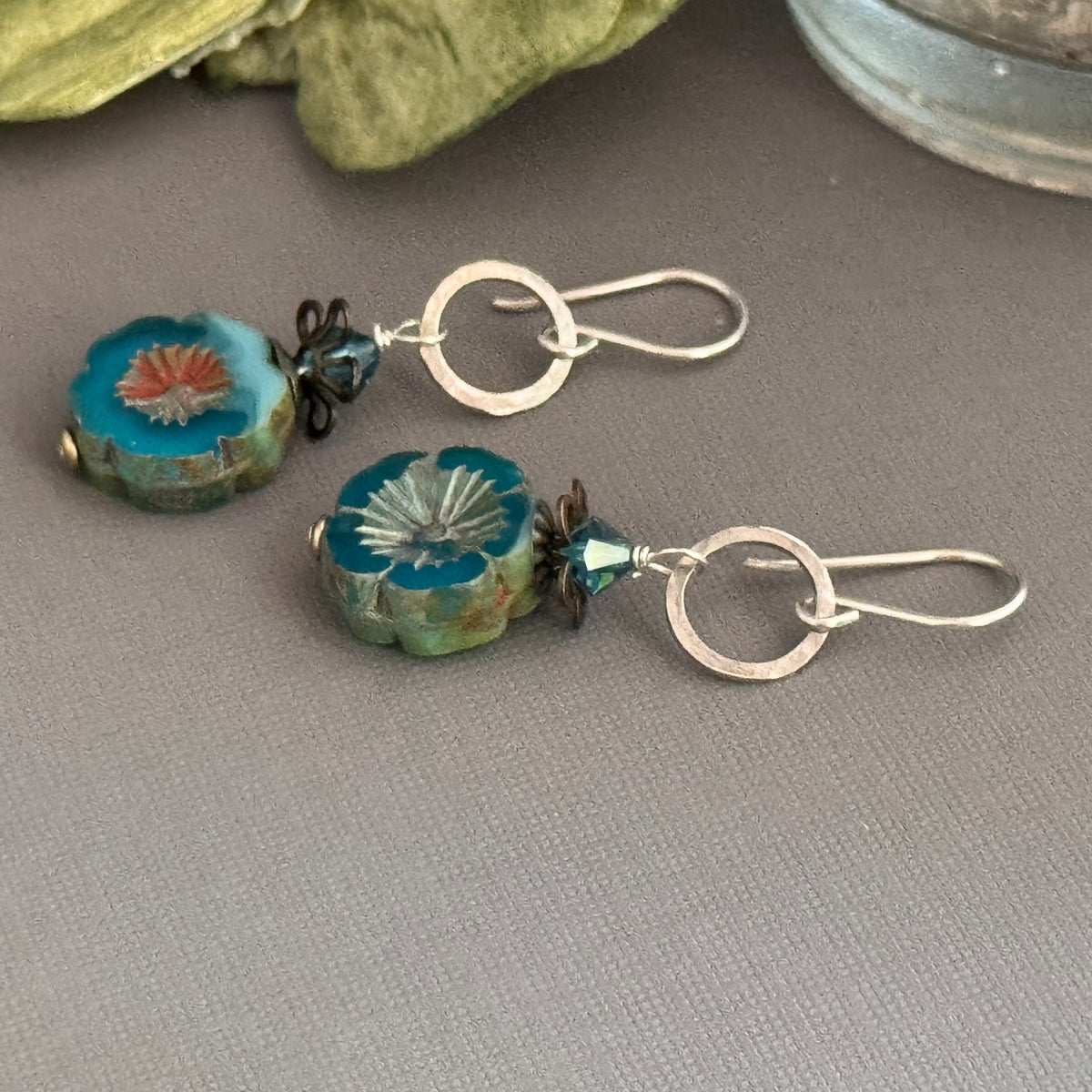 Light Teal Puffy Czech Glass Hibiscus Flower Drop Earrings in Sterling Silver