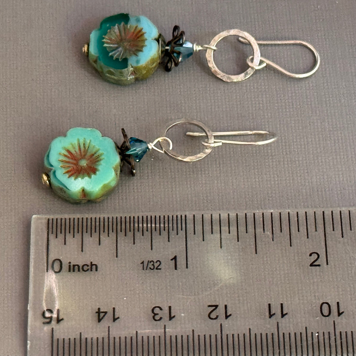 Light Teal Puffy Czech Glass Hibiscus Flower Drop Earrings in Sterling Silver