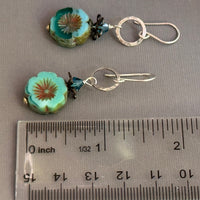 Light Teal Puffy Czech Glass Hibiscus Flower Drop Earrings in Sterling Silver