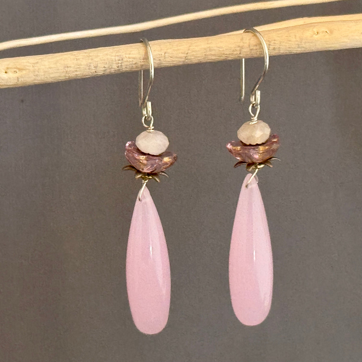 Pink Chalcedony, Morganite and Czech Glass Flower Earrings in Sterling Silver
