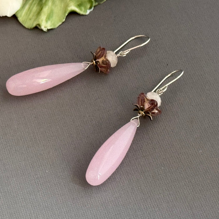 Pink Chalcedony, Morganite and Czech Glass Flower Earrings in Sterling Silver