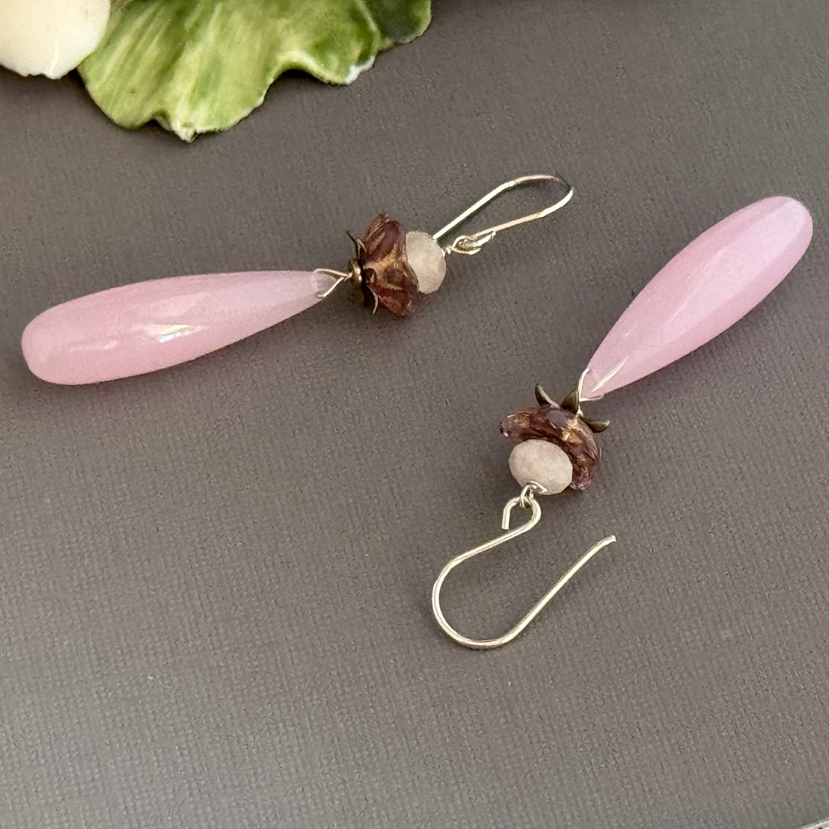Pink Chalcedony, Morganite and Czech Glass Flower Earrings in Sterling Silver