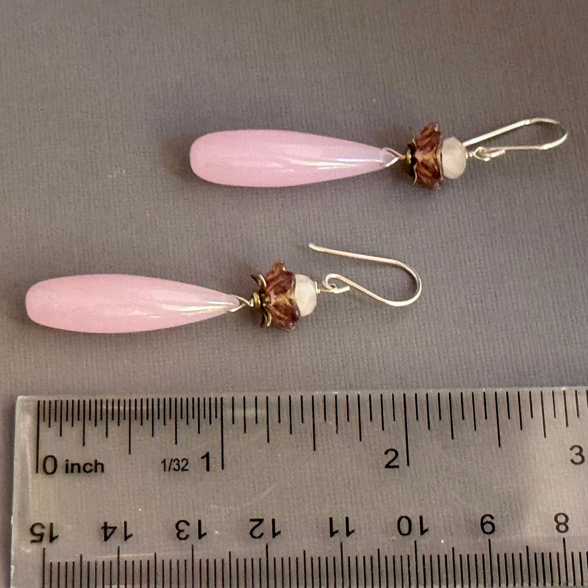 Pink Chalcedony, Morganite and Czech Glass Flower Earrings in Sterling Silver