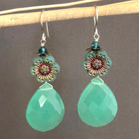 Large Sea Foam Green Chalcedony Teardrop and Czech Glass Earrings Earrings in Sterling Silver