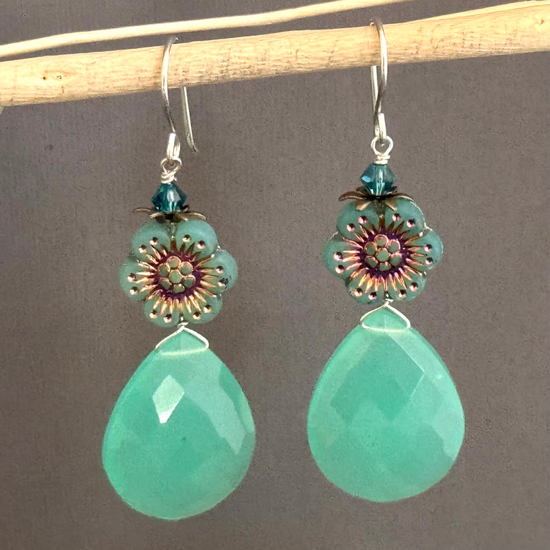 Large Sea Foam Green Chalcedony Teardrop and Czech Glass Earrings Earrings in Sterling Silver