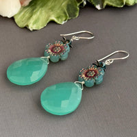 Large Sea Foam Green Chalcedony Teardrop and Czech Glass Earrings Earrings in Sterling Silver