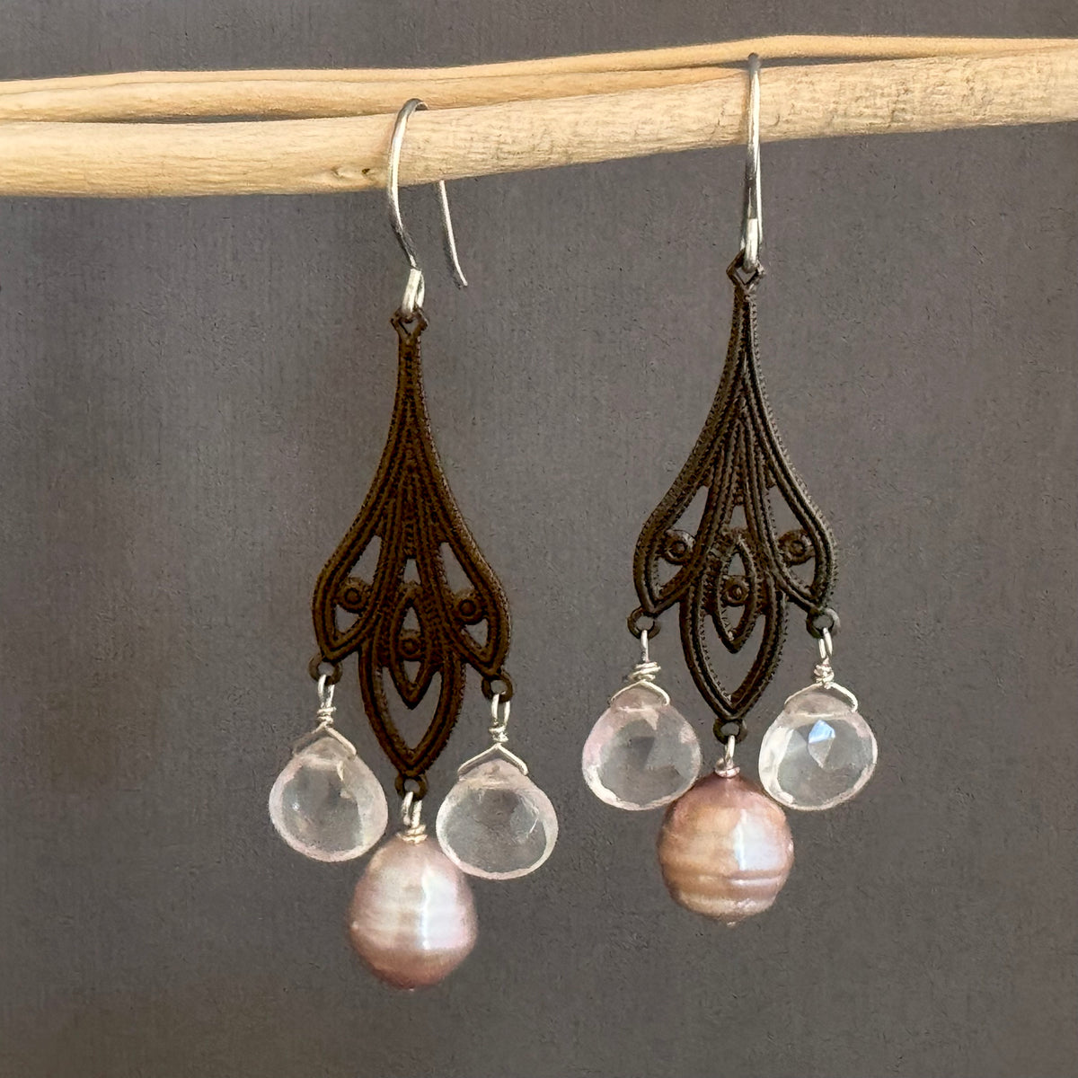 Rose Quartz and Pink Freshwater Pearl Earrings on Brass Filigree Components in Sterling Silver