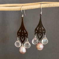 Rose Quartz and Pink Freshwater Pearl Earrings on Brass Filigree Components in Sterling Silver
