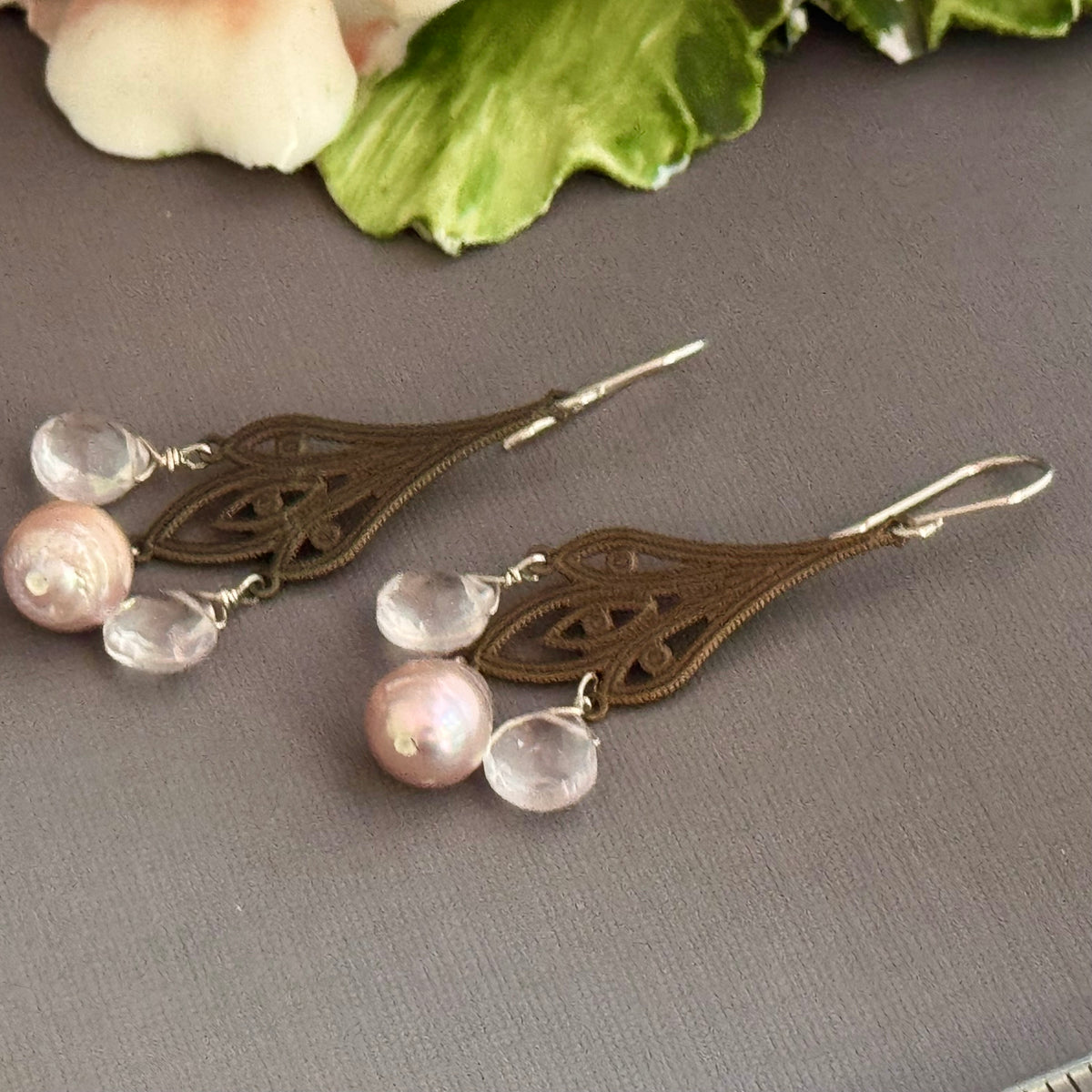 Rose Quartz and Pink Freshwater Pearl Earrings on Brass Filigree Components in Sterling Silver