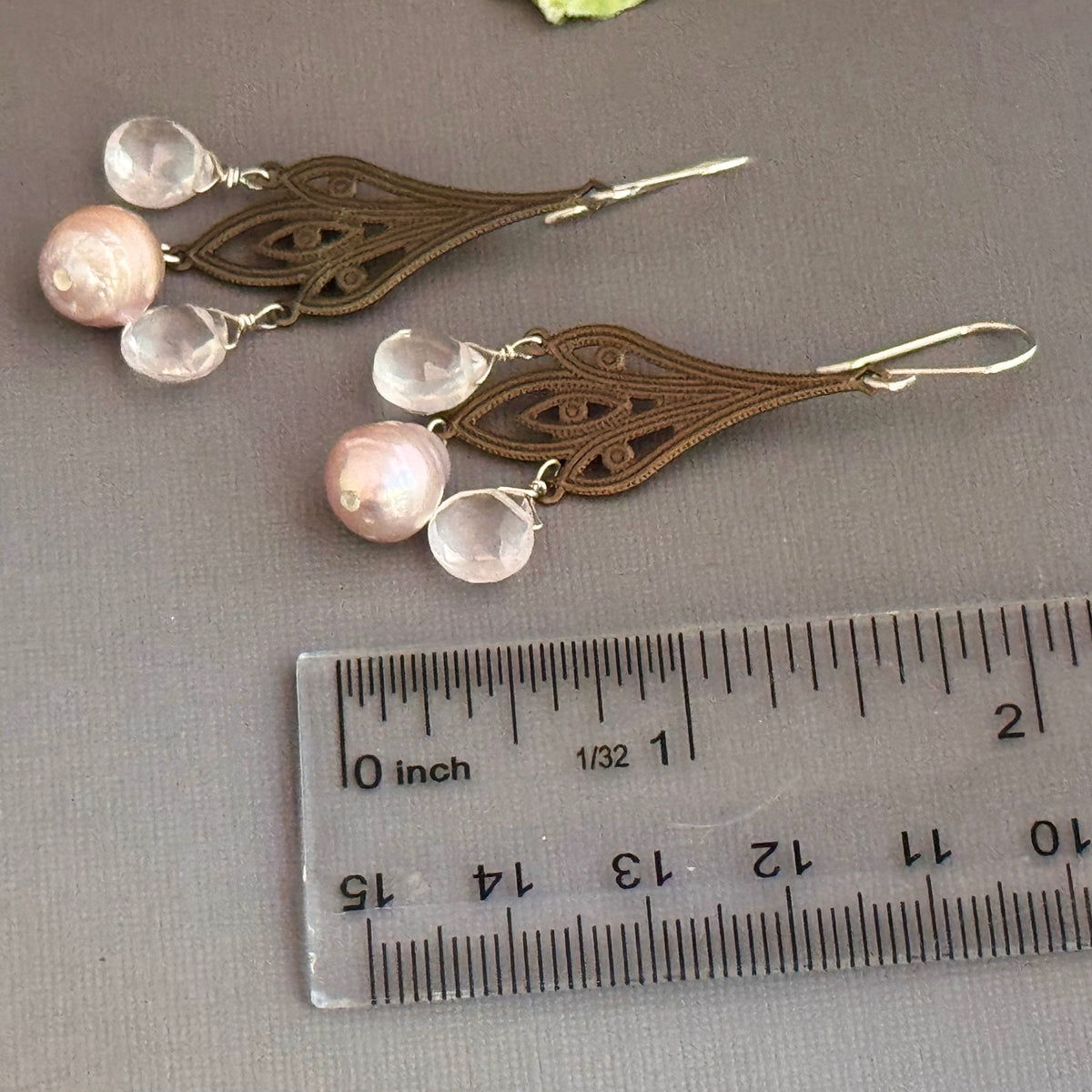 Rose Quartz and Pink Freshwater Pearl Earrings on Brass Filigree Components in Sterling Silver