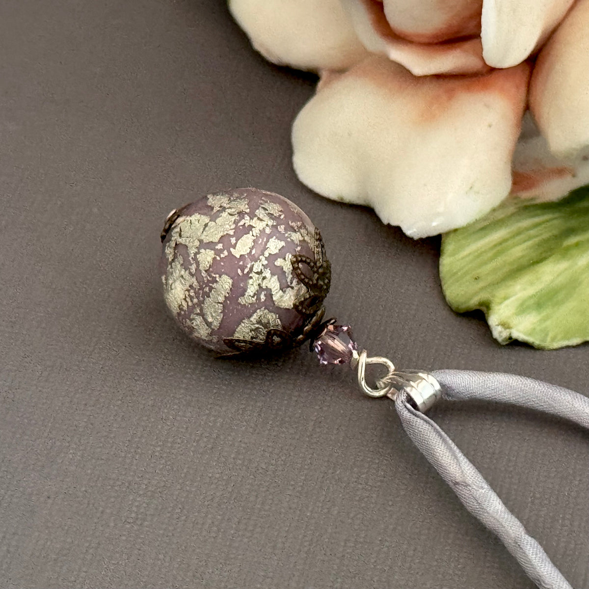 Vintage Italian Round Lilac and Silver Pendant on Hand Dyed Silk in Sterling Silver