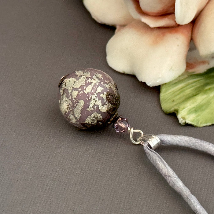 Vintage Italian Round Lilac and Silver Pendant on Hand Dyed Silk in Sterling Silver