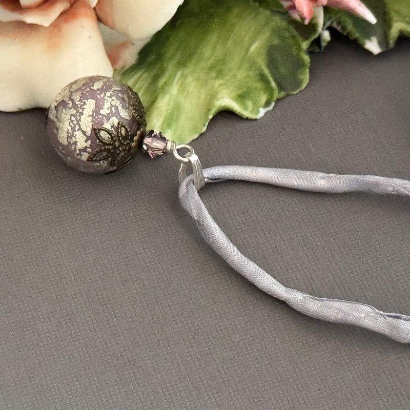Vintage Italian Round Lilac and Silver Pendant on Hand Dyed Silk in Sterling Silver