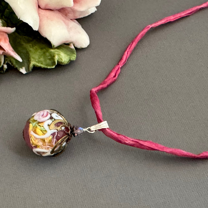Italian Round Pink Wedding Cake Pendant on Hand Dyed Silk in Sterling Silver