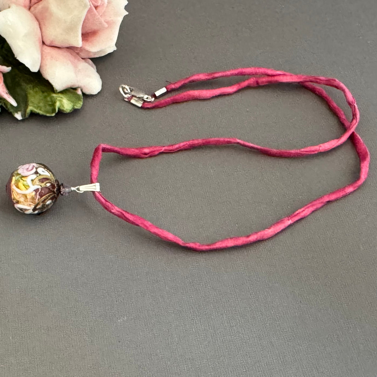 Italian Round Pink Wedding Cake Pendant on Hand Dyed Silk in Sterling Silver