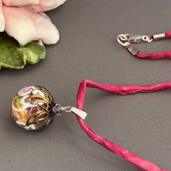 Italian Round Pink Wedding Cake Pendant on Hand Dyed Silk in Sterling Silver
