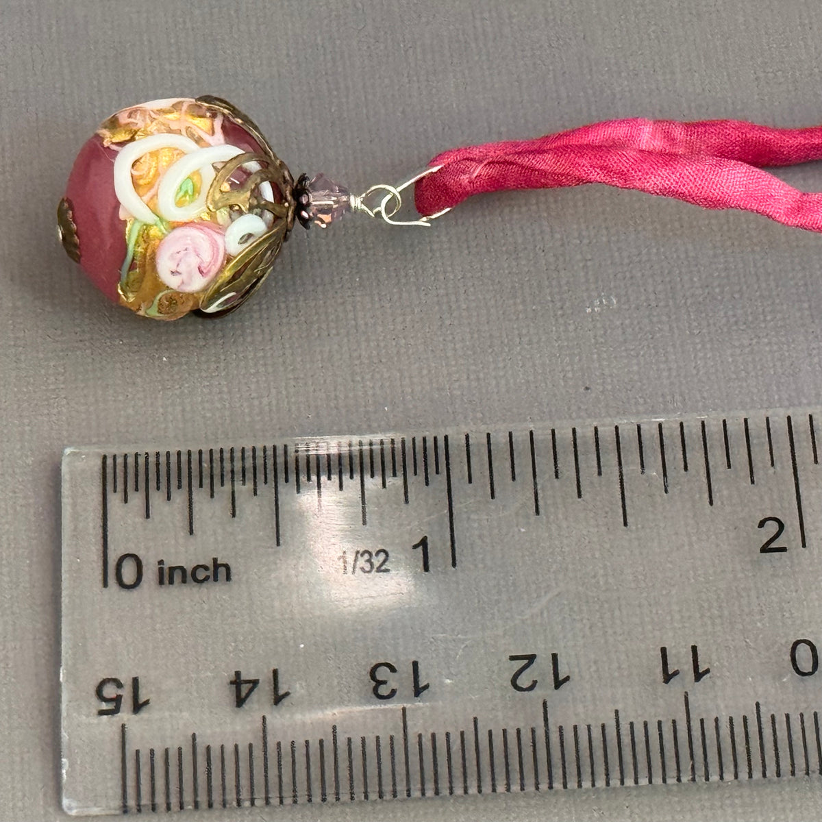 Italian Round Pink Wedding Cake Pendant on Hand Dyed Silk in Sterling Silver