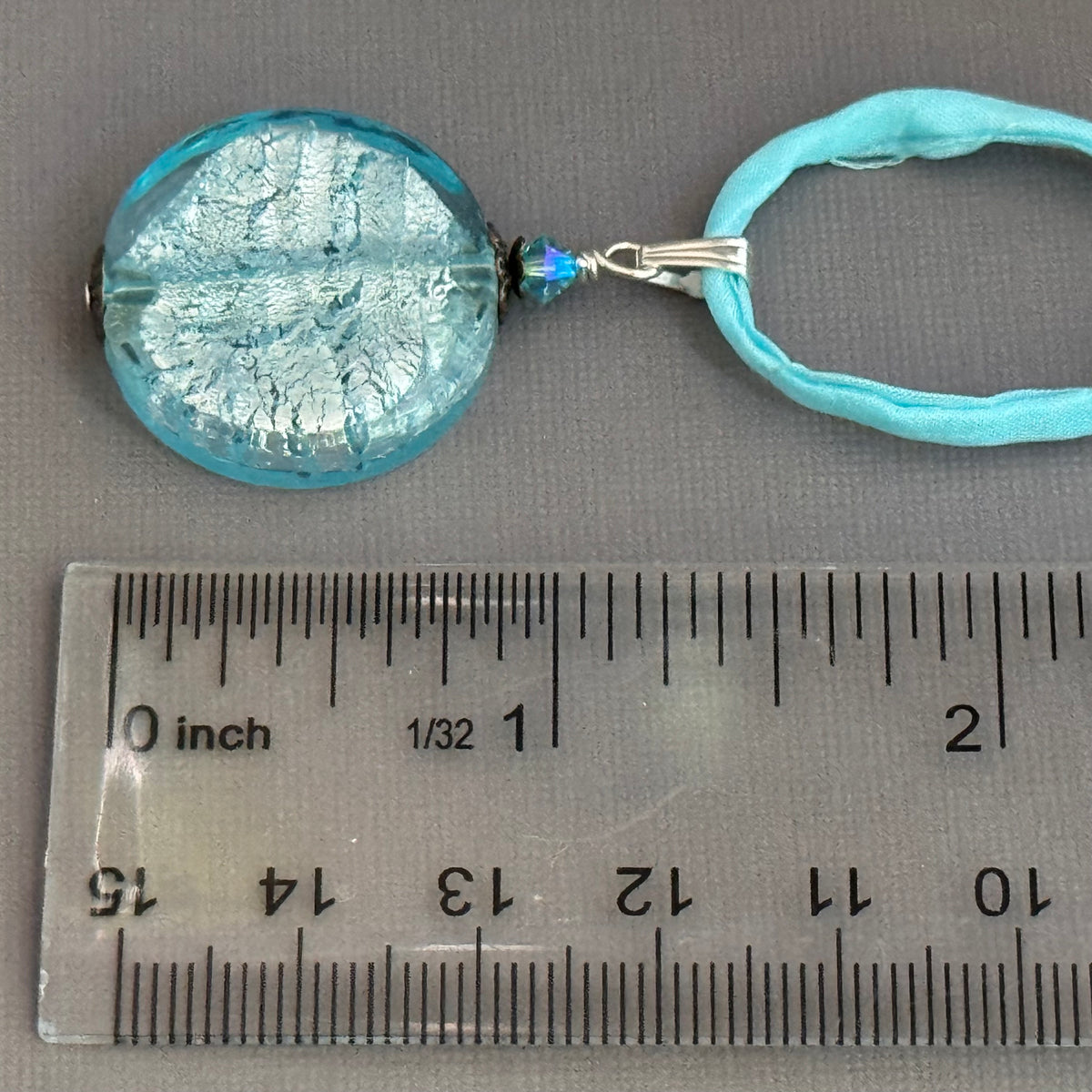 Murano Glass Large Pale Blue Coin Shape on Silk Cord