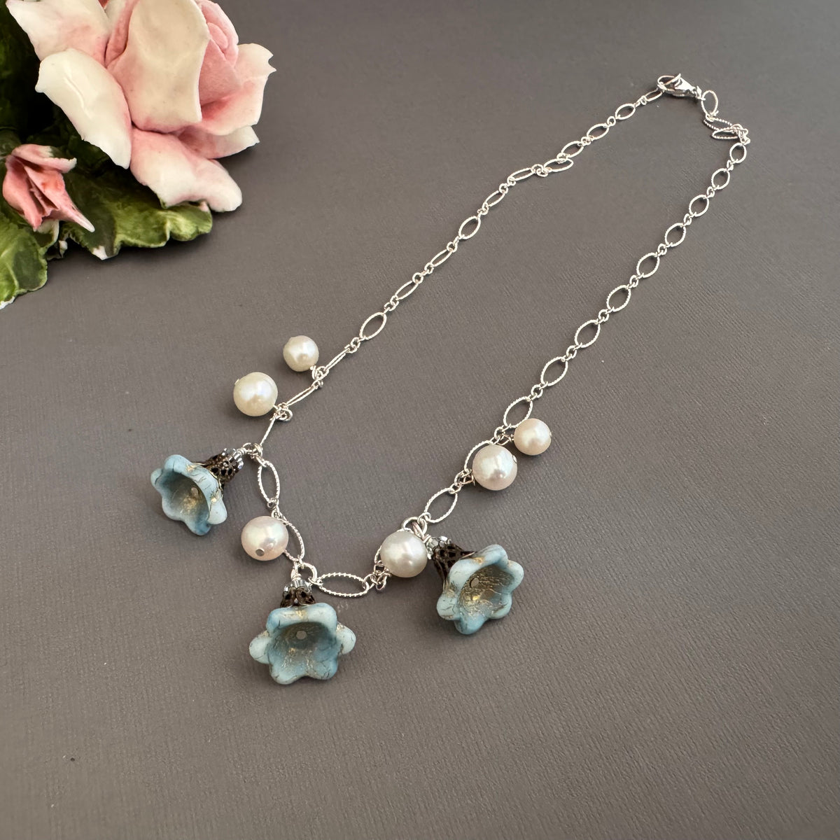Light Blue Czech Glass Bell Flower Bead and Freshwater Pearl Necklace on Sterling Silver