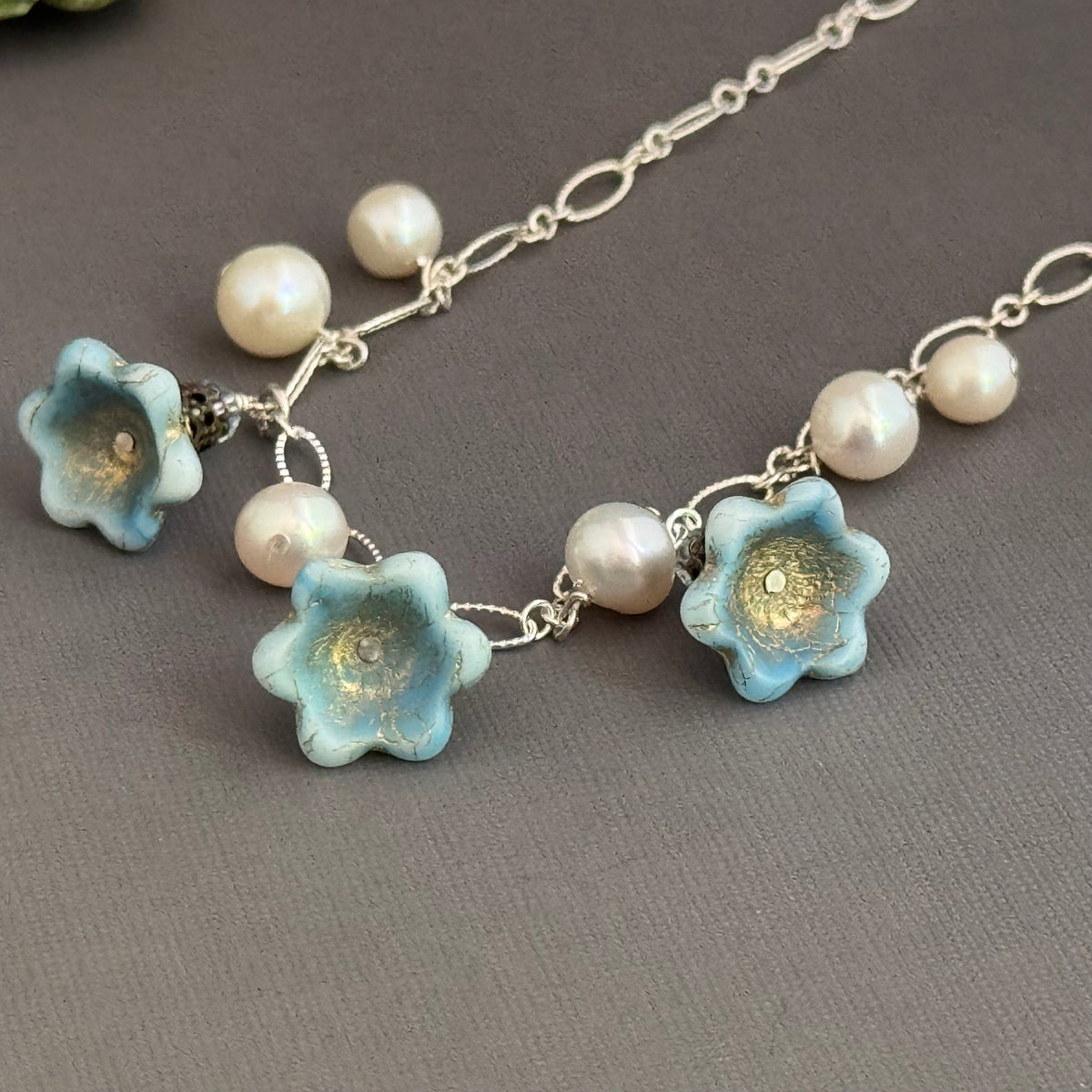 Light Blue Czech Glass Bell Flower Bead and Freshwater Pearl Necklace on Sterling Silver