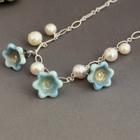 Light Blue Czech Glass Bell Flower Bead and Freshwater Pearl Necklace on Sterling Silver