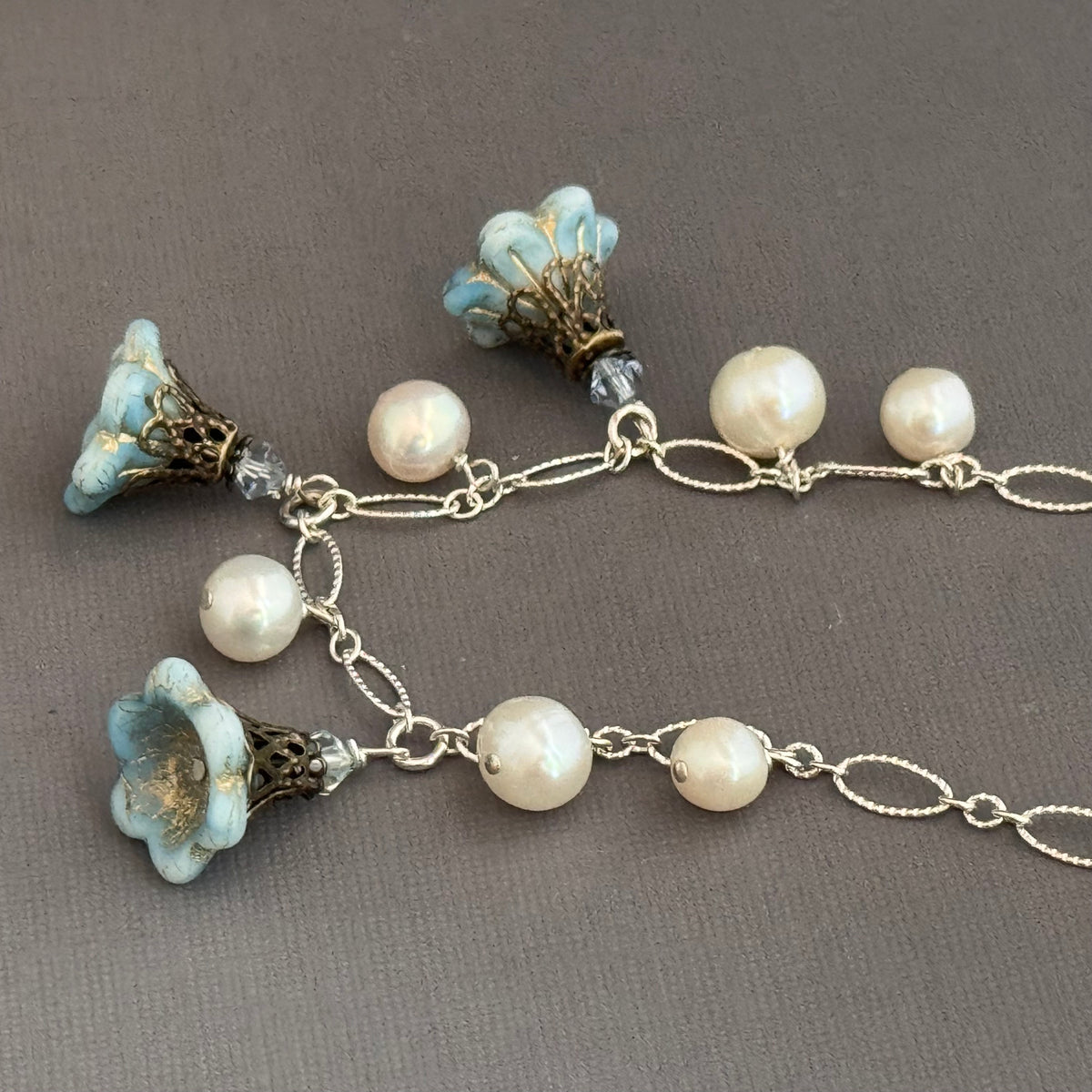 Light Blue Czech Glass Bell Flower Bead and Freshwater Pearl Necklace on Sterling Silver