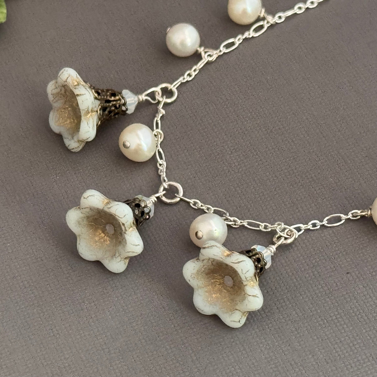 White Czech Glass Bell Flower Bead and Freshwater Pearl Necklace on Sterling Silver