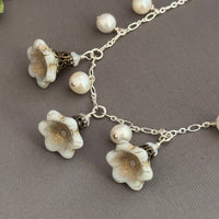 White Czech Glass Bell Flower Bead and Freshwater Pearl Necklace on Sterling Silver
