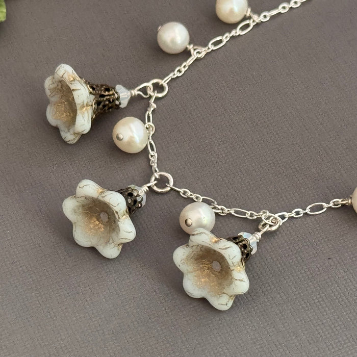 White Czech Glass Bell Flower Bead and Freshwater Pearl Necklace on Sterling Silver