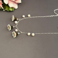 White Czech Glass Bell Flower Bead and Freshwater Pearl Necklace on Sterling Silver