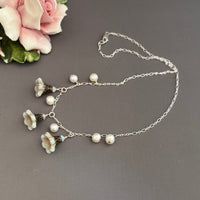 White Czech Glass Bell Flower Bead and Freshwater Pearl Necklace on Sterling Silver