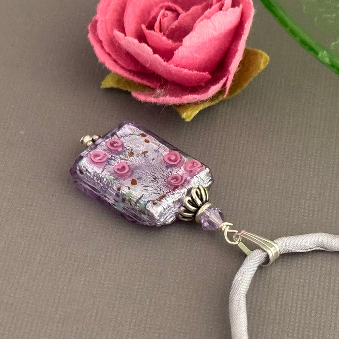 Luxury Handmade Rectangle Lilac Silver Foil Czech Glass Necklace on Silk Cord