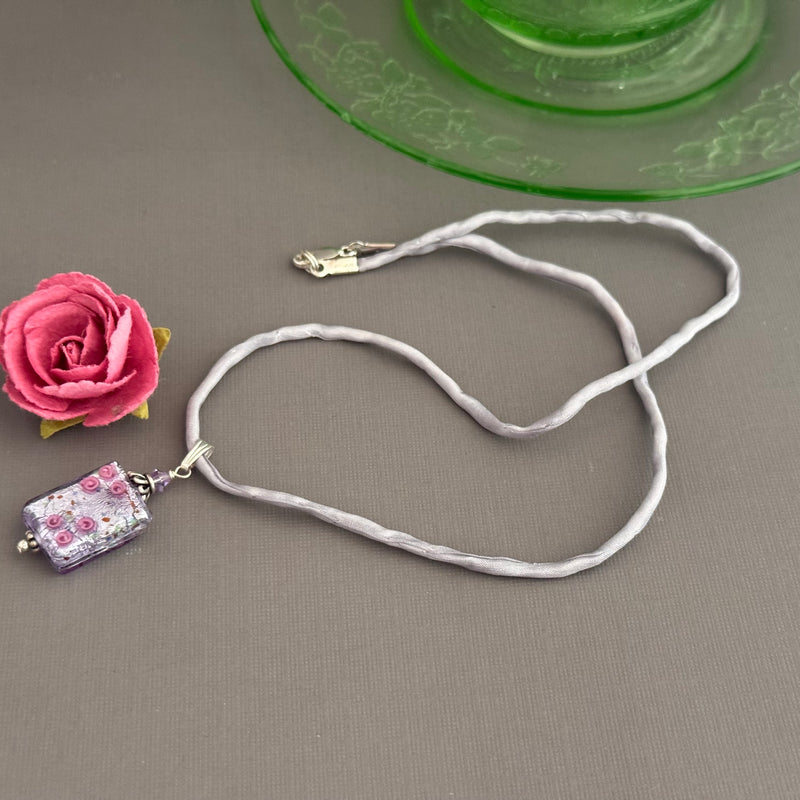 Luxury Handmade Rectangle Lilac Silver Foil Czech Glass Necklace on Silk Cord