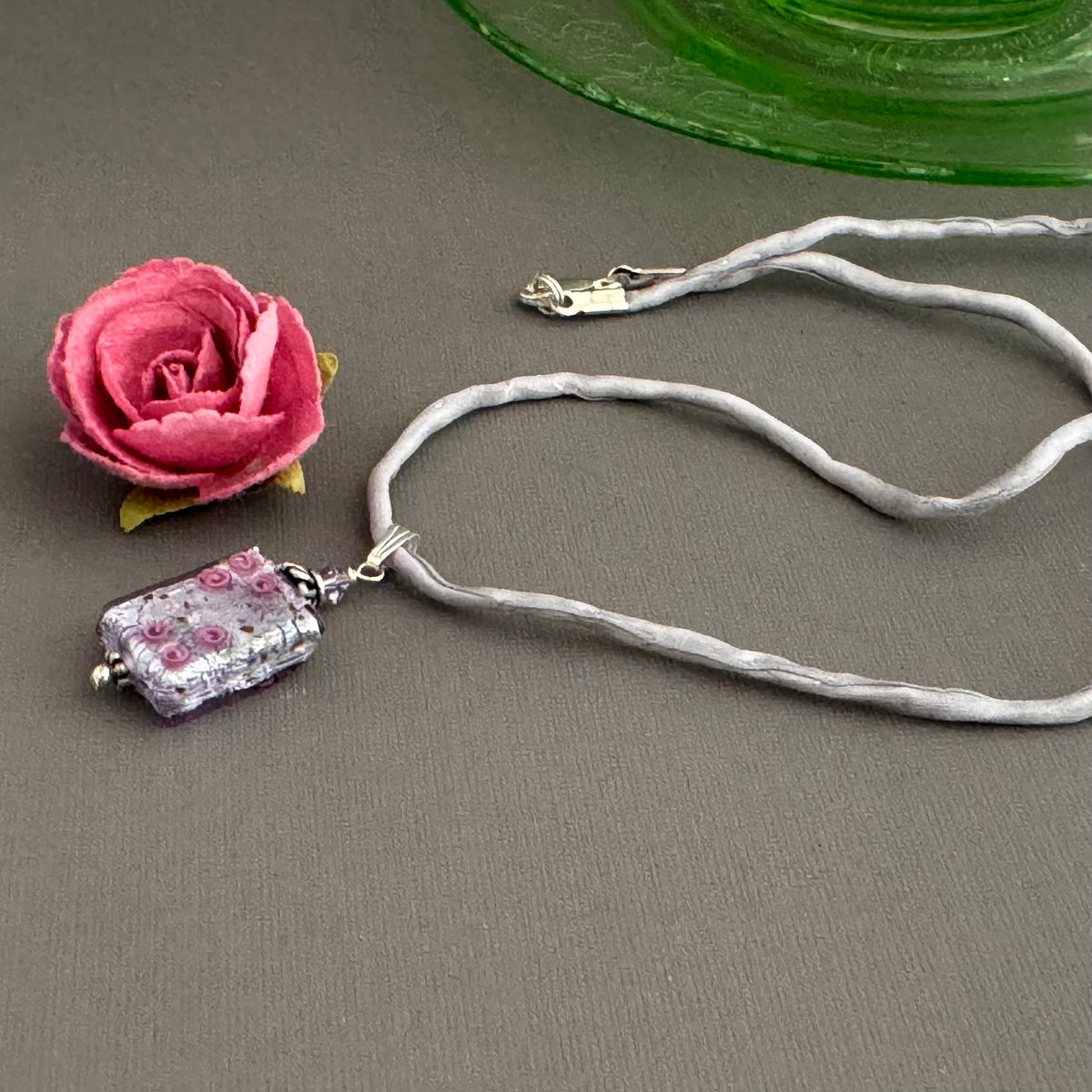 Luxury Handmade Rectangle Lilac Silver Foil Czech Glass Necklace on Silk Cord