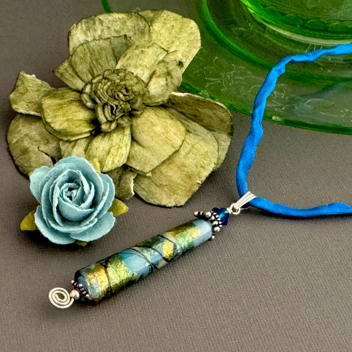 Luxury Handmade Light Blue Foil Czech Glass Necklace on Silk Cord