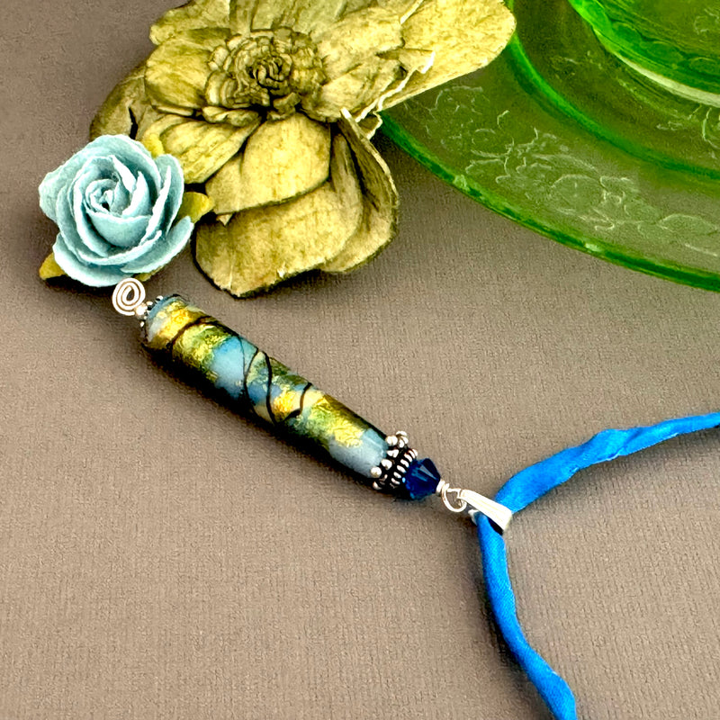 Luxury Handmade Light Blue Foil Czech Glass Necklace on Silk Cord