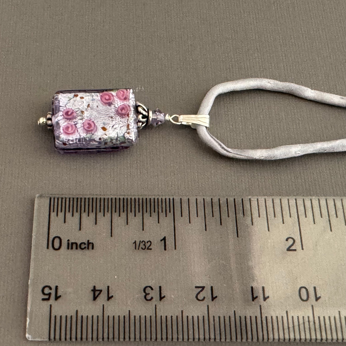 Luxury Handmade Rectangle Lilac Silver Foil Czech Glass Necklace on Silk Cord