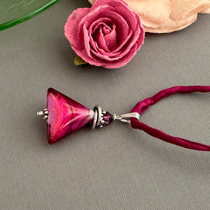 Luxury Handmade Silver Foil Czech Glass Triangle Necklace on Silk Cord