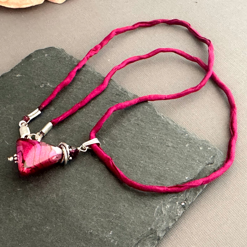 Luxury Handmade Silver Foil Czech Glass Triangle Necklace on Silk Cord