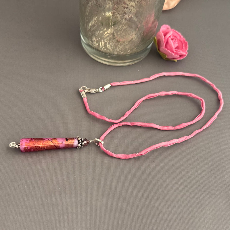 Luxury Handmade Pink Foil Czech Glass Necklace on Silk Cord