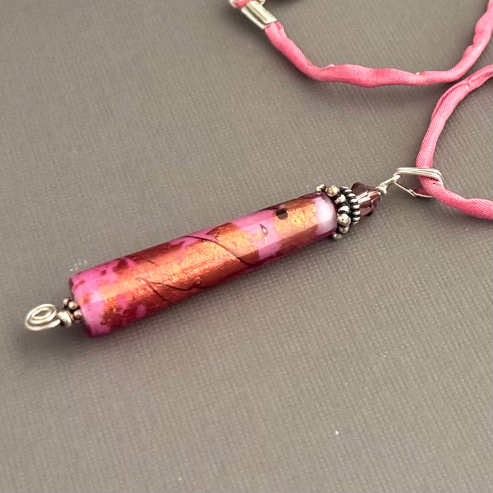 Luxury Handmade Pink Foil Czech Glass Necklace on Silk Cord