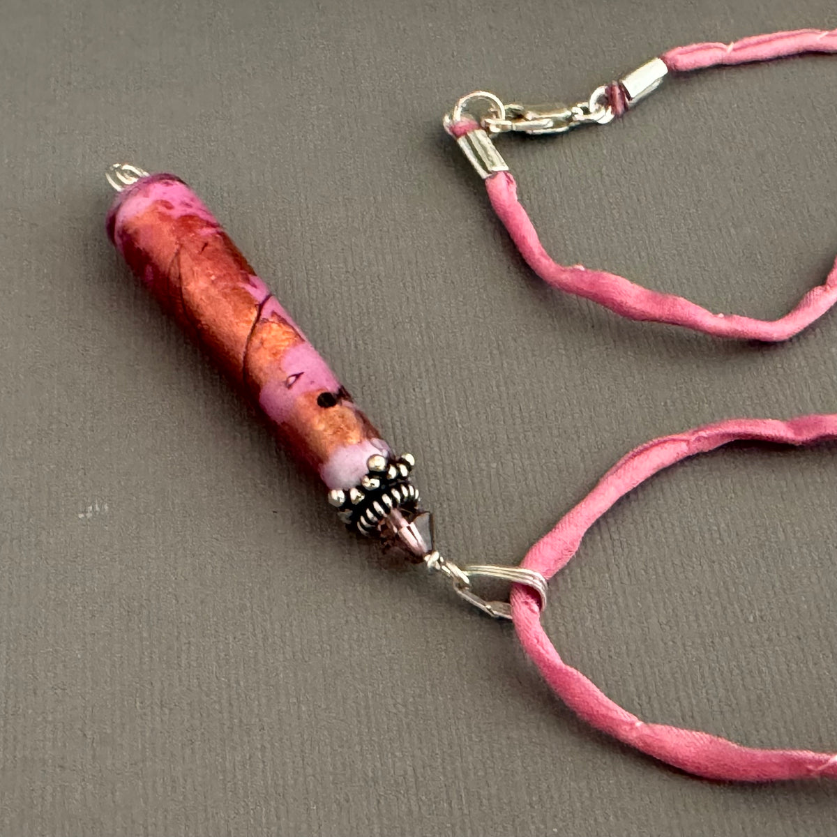 Luxury Handmade Pink Foil Czech Glass Necklace on Silk Cord