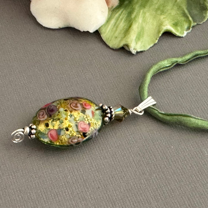 Luxury Handmade Green Gold Foil Czech Glass Necklace on Silk Cord