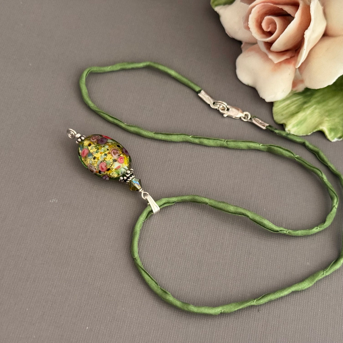 Luxury Handmade Green Gold Foil Czech Glass Necklace on Silk Cord