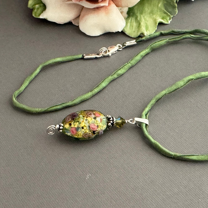 Luxury Handmade Green Gold Foil Czech Glass Necklace on Silk Cord