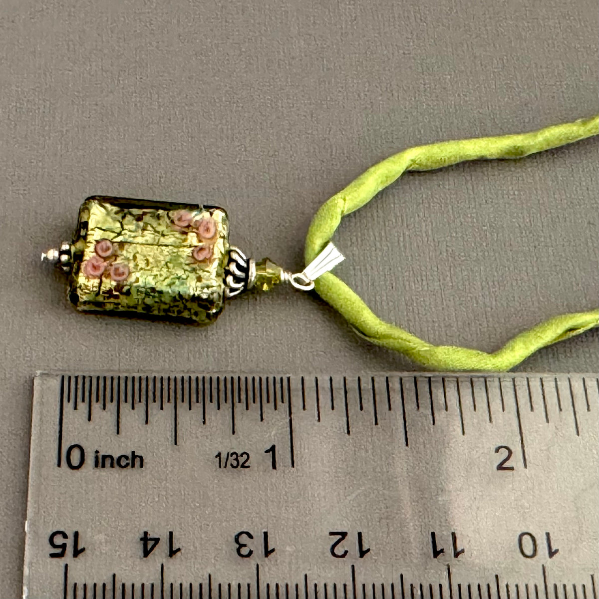 Luxury Handmade Rectangle Green Gold Foil Czech Glass Necklace on Silk Cord