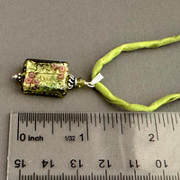Luxury Handmade Rectangle Green Gold Foil Czech Glass Necklace on Silk Cord
