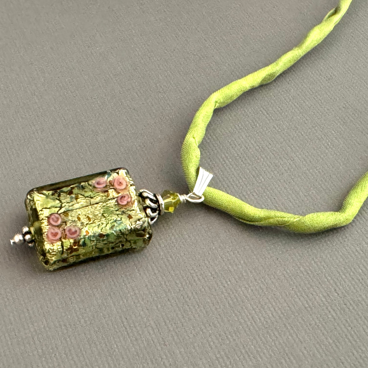 Luxury Handmade Rectangle Green Gold Foil Czech Glass Necklace on Silk Cord