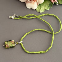 Luxury Handmade Rectangle Green Gold Foil Czech Glass Necklace on Silk Cord